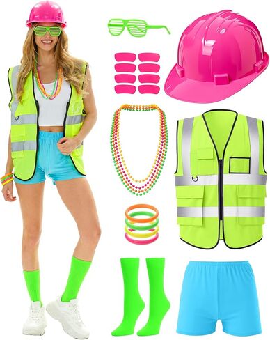 14 Pcs Construction Workers Costume Neon Football Game Outfit Reflective Safety Hat Socks Vest for Women Sport Week in Saudi Arabia
