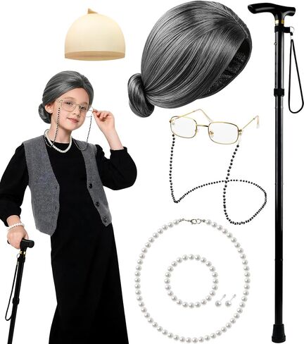 100 Days of School Old Lady Grandma Costume Accessories Set with Wig, Glasses, Cane & Faux Pearl Set in Saudi Arabia