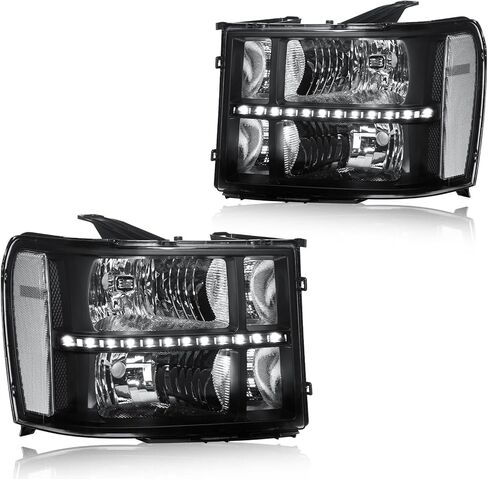 مجموعة المصابيح الأمامية LED، مجموعة المصابيح الأمامية متوافقة مع 2007-2013 GMC Sierra 1500/2007-2014 Sierra 2500، تناسب 2007-2014 Sierra 3500 للمصابيح الأمامية غطاء أسود شفاف عاكس in Kuwait