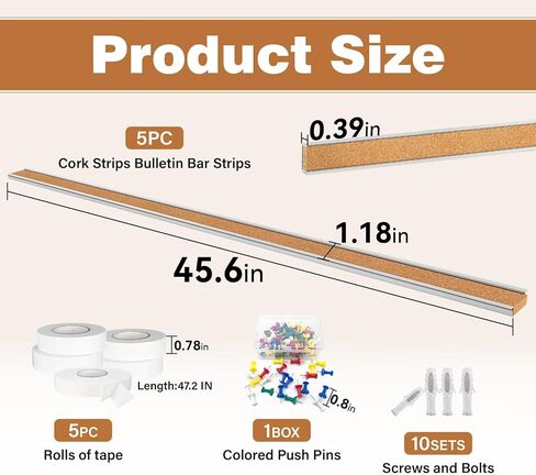 LILXIU 5 PCS Aluminum Trim Cork Board Strips for Walls 45.66 * 1.18 Inch Cork Strips Bulletin Bar Strip with Accessories Bulletin Board Strip for Home Office Classroom Decor in Kuwait