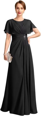 Chiffon Mother of The Bride Dresses for Wedding Elegant Long Ruched Formal Evening Gown with Flutter Sleeve in Saudi Arabia