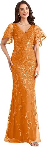 فساتين أم العروس بالترتر طويلة حورية البحر ورقبة على شكل حرف V وأكمام كشكشة مع زينة من الأربطة in Kuwait