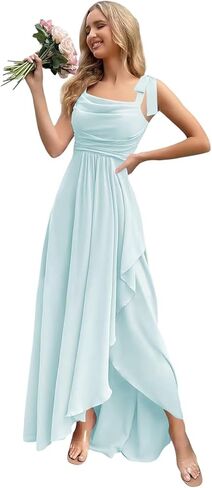 Bow Straps Cowl Neck Bridesmaid Dresses Long with Pockets Ruffle Chiffon Formal Party Gowns in Saudi Arabia
