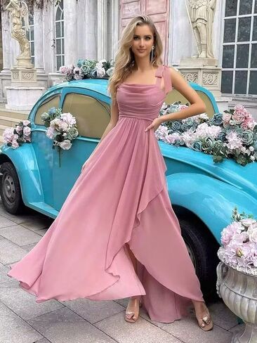 Bow Straps Cowl Neck Bridesmaid Dresses Long with Pockets Ruffle Chiffon Formal Party Gowns in Saudi Arabia