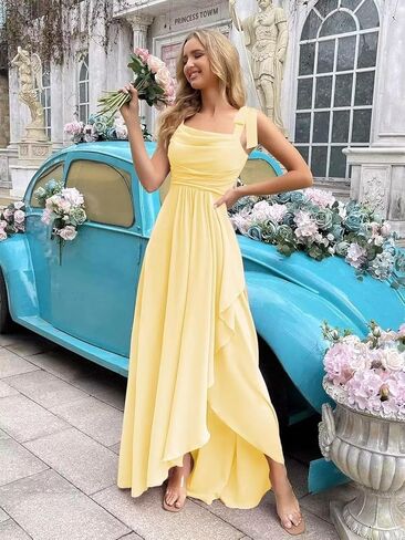 Bow Straps Cowl Neck Bridesmaid Dresses Long with Pockets Ruffle Chiffon Formal Party Gowns in Saudi Arabia