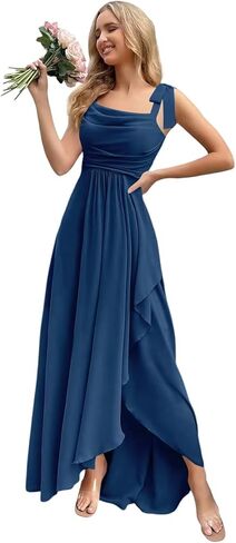 Bow Straps Cowl Neck Bridesmaid Dresses Long with Pockets Ruffle Chiffon Formal Party Gowns in Saudi Arabia