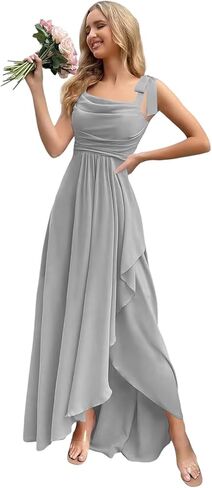 Bow Straps Cowl Neck Bridesmaid Dresses Long with Pockets Ruffle Chiffon Formal Party Gowns in Saudi Arabia