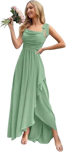 Bow Straps Cowl Neck Bridesmaid Dresses Long with Pockets Ruffle Chiffon Formal Party Gowns in Saudi Arabia
