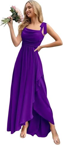 Bow Straps Cowl Neck Bridesmaid Dresses Long with Pockets Ruffle Chiffon Formal Party Gowns in Saudi Arabia