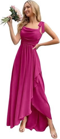 Bow Straps Cowl Neck Bridesmaid Dresses Long with Pockets Ruffle Chiffon Formal Party Gowns in Saudi Arabia