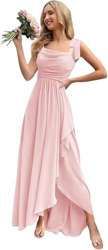 Bow Straps Cowl Neck Bridesmaid Dresses Long with Pockets Ruffle Chiffon Formal Party Gowns in Saudi Arabia