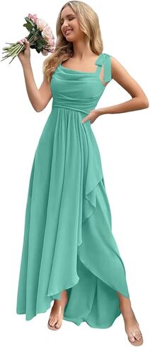 Bow Straps Cowl Neck Bridesmaid Dresses Long with Pockets Ruffle Chiffon Formal Party Gowns in Saudi Arabia