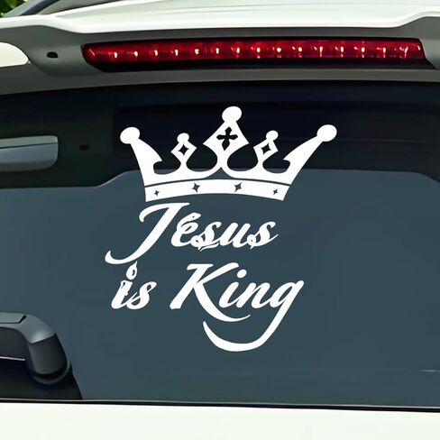Jesus is King - ملصق ممتص للصدمات من الفينيل للسيارة المسيحية لسيارة شاحنة نافذة الزجاج الأمامي للسيارة، مقاوم للطقس والبهتان (أبيض) in Kuwait
