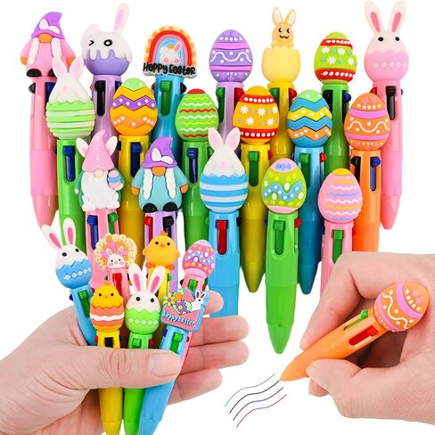 LiYiQ 25 Pcs Easter Colorful Multicolor Pen in One Cartoon Cute Fun 4-in-1 Cute Pens Bulk Kawaii Easter Eggs Rabbit Chicken Rainbows Gnome Shape Cute Ballpoint Pens for Fun Gifts in Saudi Arabia