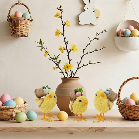 مجموعة DR.DUDU مكونة من 3 ديكورات لعيد الفصح مقاس 4.5 سم من القش مع سلال البيض، ديكور واقعي لصغار الفرخ على الطاولة، تمثال دجاج السيزال، ديكور ربيعي لحيوانات المزرعة للمنزل، المطبخ، المكتب، المزرعة in Kuwait