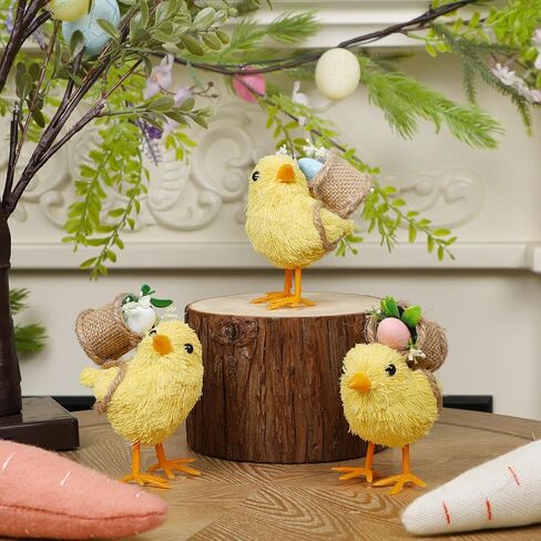 مجموعة DR.DUDU مكونة من 3 ديكورات لعيد الفصح مقاس 4.5 سم من القش مع سلال البيض، ديكور واقعي لصغار الفرخ على الطاولة، تمثال دجاج السيزال، ديكور ربيعي لحيوانات المزرعة للمنزل، المطبخ، المكتب، المزرعة in Kuwait