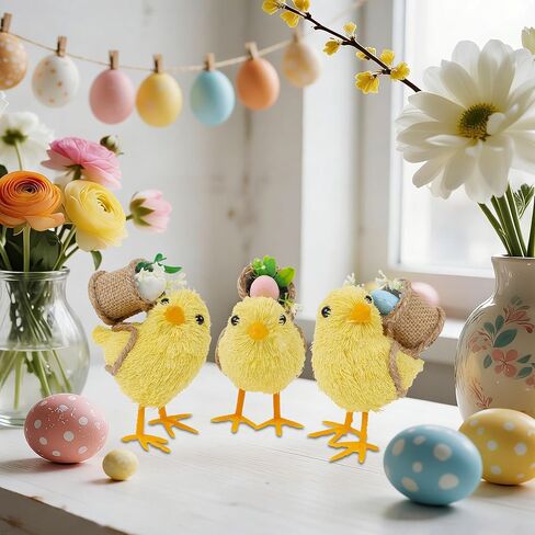 مجموعة DR.DUDU مكونة من 3 ديكورات لعيد الفصح مقاس 4.5 سم من القش مع سلال البيض، ديكور واقعي لصغار الفرخ على الطاولة، تمثال دجاج السيزال، ديكور ربيعي لحيوانات المزرعة للمنزل، المطبخ، المكتب، المزرعة in Kuwait