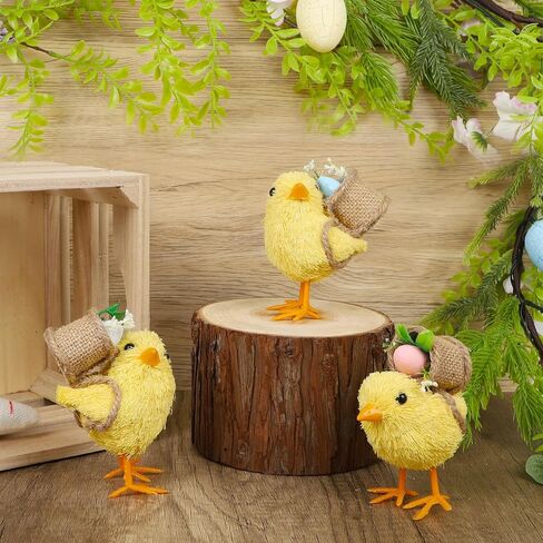 مجموعة DR.DUDU مكونة من 3 ديكورات لعيد الفصح مقاس 4.5 سم من القش مع سلال البيض، ديكور واقعي لصغار الفرخ على الطاولة، تمثال دجاج السيزال، ديكور ربيعي لحيوانات المزرعة للمنزل، المطبخ، المكتب، المزرعة in Kuwait