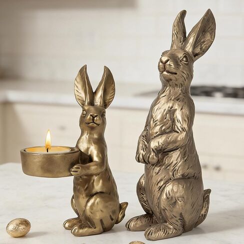 DN DECONATION Golden Easter Bunny Figurines Set of 2, Gilded Resin Rabbit Statue with Tealight Holder, Vintage Luxury Home Decor Centerpiece, Elegant Table Decor for Weddings and Easter Gifts in Saudi Arabia