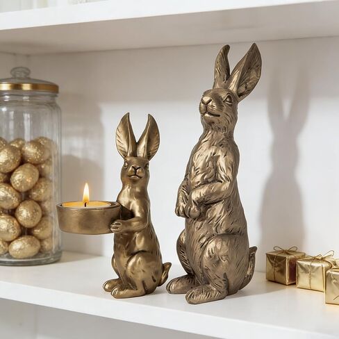 DN DECONATION Golden Easter Bunny Figurines Set of 2, Gilded Resin Rabbit Statue with Tealight Holder, Vintage Luxury Home Decor Centerpiece, Elegant Table Decor for Weddings and Easter Gifts in Saudi Arabia