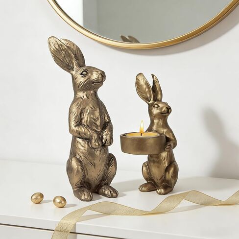 DN DECONATION Golden Easter Bunny Figurines Set of 2, Gilded Resin Rabbit Statue with Tealight Holder, Vintage Luxury Home Decor Centerpiece, Elegant Table Decor for Weddings and Easter Gifts in Saudi Arabia