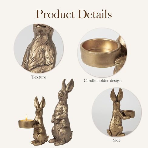 DN DECONATION Golden Easter Bunny Figurines Set of 2, Gilded Resin Rabbit Statue with Tealight Holder, Vintage Luxury Home Decor Centerpiece, Elegant Table Decor for Weddings and Easter Gifts in Saudi Arabia