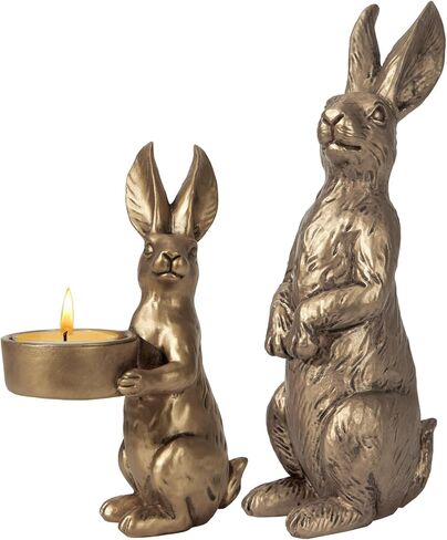 DN DECONATION Golden Easter Bunny Figurines Set of 2, Gilded Resin Rabbit Statue with Tealight Holder, Vintage Luxury Home Decor Centerpiece, Elegant Table Decor for Weddings and Easter Gifts in Saudi Arabia