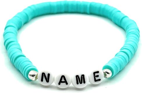 أساور اسم شخصية، اسم مخصص، كلمة، عبارة، لون، وحجم، حبة قرص هيشي بوليمر كلاي، لهجة فضية، هدية مصنوعة يدويًا للأم والبنت والأخت والأب والابن والأخ in Kuwait