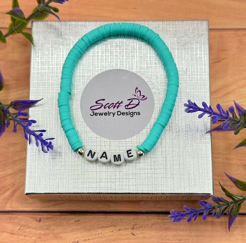 أساور اسم شخصية، اسم مخصص، كلمة، عبارة، لون، وحجم، حبة قرص هيشي بوليمر كلاي، لهجة فضية، هدية مصنوعة يدويًا للأم والبنت والأخت والأب والابن والأخ in Kuwait