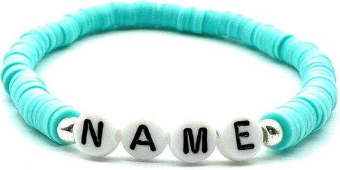 أساور اسم شخصية، اسم مخصص، كلمة، عبارة، لون، وحجم، حبة قرص هيشي بوليمر كلاي، لهجة فضية، هدية مصنوعة يدويًا للأم والبنت والأخت والأب والابن والأخ in Kuwait