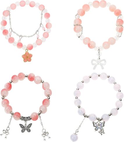 PENTA ANGEL Beaded Charm Bracelets for Women 4Pcs Stretch Stackable Crystal Glass Bead Bracelet with Butterfly Bow Flower Pendant for Birthday Christmas Party Favor Gift in Saudi Arabia