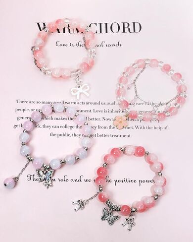 PENTA ANGEL Beaded Charm Bracelets for Women 4Pcs Stretch Stackable Crystal Glass Bead Bracelet with Butterfly Bow Flower Pendant for Birthday Christmas Party Favor Gift in Saudi Arabia