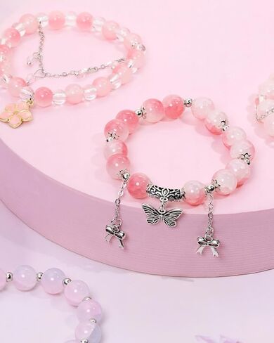 PENTA ANGEL Beaded Charm Bracelets for Women 4Pcs Stretch Stackable Crystal Glass Bead Bracelet with Butterfly Bow Flower Pendant for Birthday Christmas Party Favor Gift in Saudi Arabia