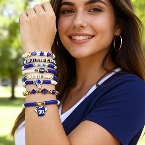 9PCS Game Day Football Charm Bracelet for Women Men, Football Charm Beaded Stretch Bracelet for Moms & Dads, Stackable Sports Jewelry Accessories Gifts for Football Fans in Kuwait