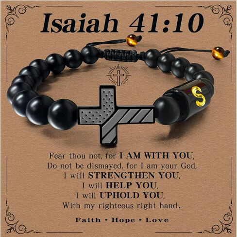 Cross Initial Bracelet for Men Boys, American Flag Cross with 19 Obsidian & 2 Tiger Eye Pendants, Christian Faith Jewelry in Premium Silver Gift Box, Adjustable for Easter Baptism Birthday in Saudi Arabia