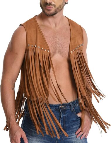 FEOYA Men's Faux Suede Vest Cowboy Retro Long Fringe Jacket Hippie Sleeveless Jackets S-2XL in Saudi Arabia