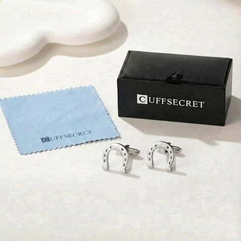 Men’s Lucky Horseshoe Cufflinks – Stainless Steel Equestrian-Themed Cuff Links with Gift Box & Polishing Cloth – Available in Silver & Gold in Kuwait