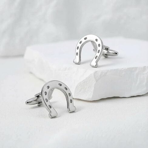 Men’s Lucky Horseshoe Cufflinks – Stainless Steel Equestrian-Themed Cuff Links with Gift Box & Polishing Cloth – Available in Silver & Gold in Kuwait
