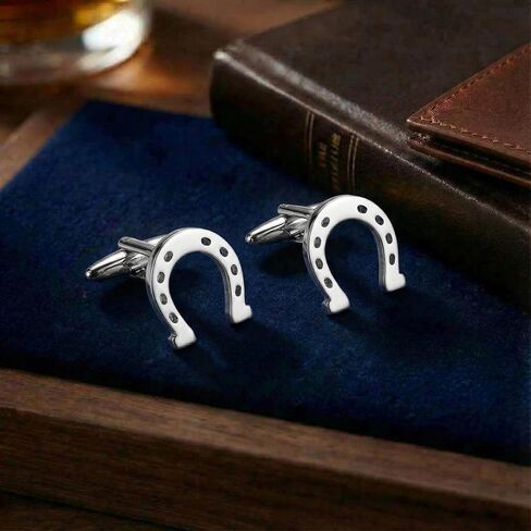 Men’s Lucky Horseshoe Cufflinks – Stainless Steel Equestrian-Themed Cuff Links with Gift Box & Polishing Cloth – Available in Silver & Gold in Kuwait