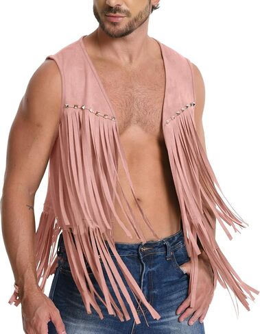 FEOYA Men's Faux Suede Vest Cowboy Retro Long Fringe Jacket Hippie Sleeveless Jackets S-2XL in Saudi Arabia