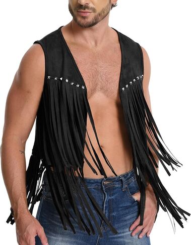 FEOYA Men's Faux Suede Vest Cowboy Retro Long Fringe Jacket Hippie Sleeveless Jackets S-2XL in Saudi Arabia