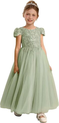 Lace Appliques Flower Girl Dresses for Wedding Puffy Tulle Princess Pageant First Communion Dress with Cap Sleeves in Saudi Arabia