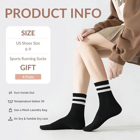 4Pairs Women Striped Cotton Crew Socks, Athletic Running Socks for Sport, Home,Office, School, Size 6-9 in Kuwait