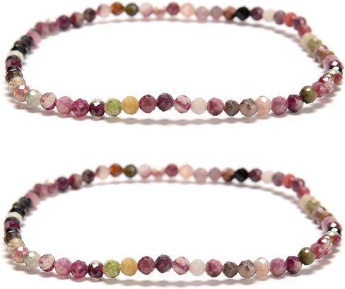 2 Pcs/Set 2mm 3mm 4mm Trendy Genuine Real Multi Color Tourmaline Gemstone Bracelet, Faceted Round Stretch Beaded Bracelets for Women Men in Kuwait