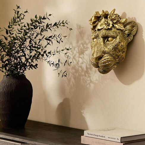 GUSFREUD Vintage Animal Head Wall Decor – 11" Resin Leopard Wall Art, Gold Leopard Wall Decor for Living Room, Bedroom & Office, Leopard Head Wall Sculpture Decor in Kuwait