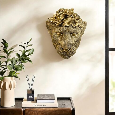 GUSFREUD Vintage Animal Head Wall Decor – 11" Resin Leopard Wall Art, Gold Leopard Wall Decor for Living Room, Bedroom & Office, Leopard Head Wall Sculpture Decor in Kuwait