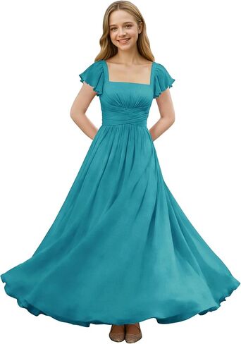 Junior Bridesmaid Dresses for Teen Girls Short Sleeve Square Neck A Line Ruched Wedding Guests Dresses in Saudi Arabia