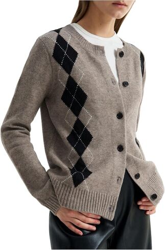 SHENHE Women's Button Up Cardigan Sweater Crew Neck Fall Argyle Sweater Preppy Cardigan in Saudi Arabia