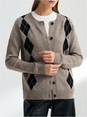 SHENHE Women's Button Up Cardigan Sweater Crew Neck Fall Argyle Sweater Preppy Cardigan in Saudi Arabia