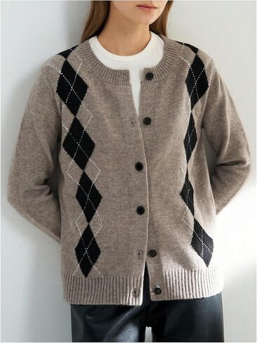 SHENHE Women's Button Up Cardigan Sweater Crew Neck Fall Argyle Sweater Preppy Cardigan in Saudi Arabia